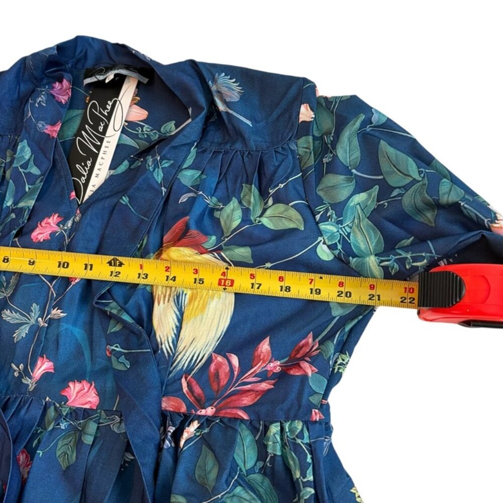 NWT Dalia Macphee Womens Navy Multi Long Sleeve Tie Neck Floral Maxi Dress Sz L - Picture 13 of 15